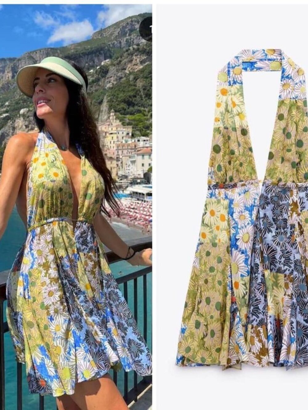 Zara Printed Floral Halter Mini Dress Cotton Blogger Yellow Blue Size Small - Picture 4 of 13